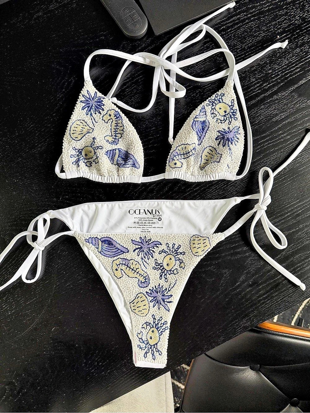 Oceanus Helia Beaded Bikini White & Blue Size Medium